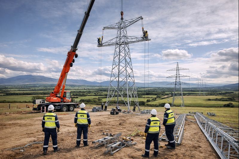 Crane lifting a steel electricity pylon into place while crew members watch in an open field