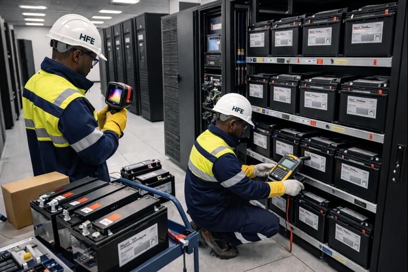 Two technicians testing large battery racks in an equipment room