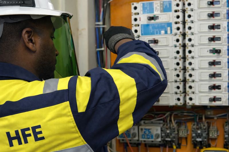 Electrician in a hard hat inspecting circuit breakers on a distribution board